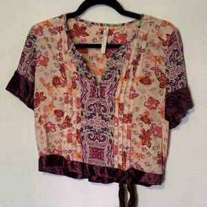 Anthropologie clara velvet trimmed lounge cropped top XS pink floral boho